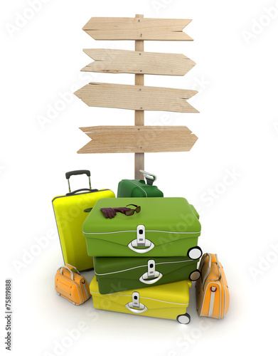 Baggage and wooden sign