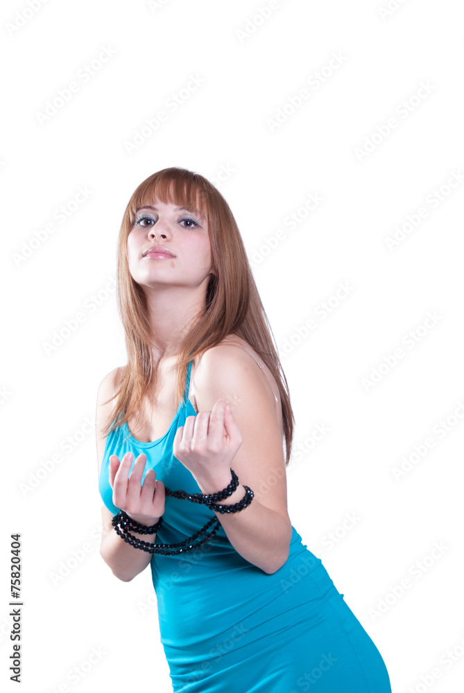 Blond teen with big black pearl necklace