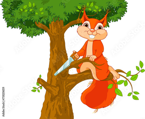 Funny squirrel saws branch