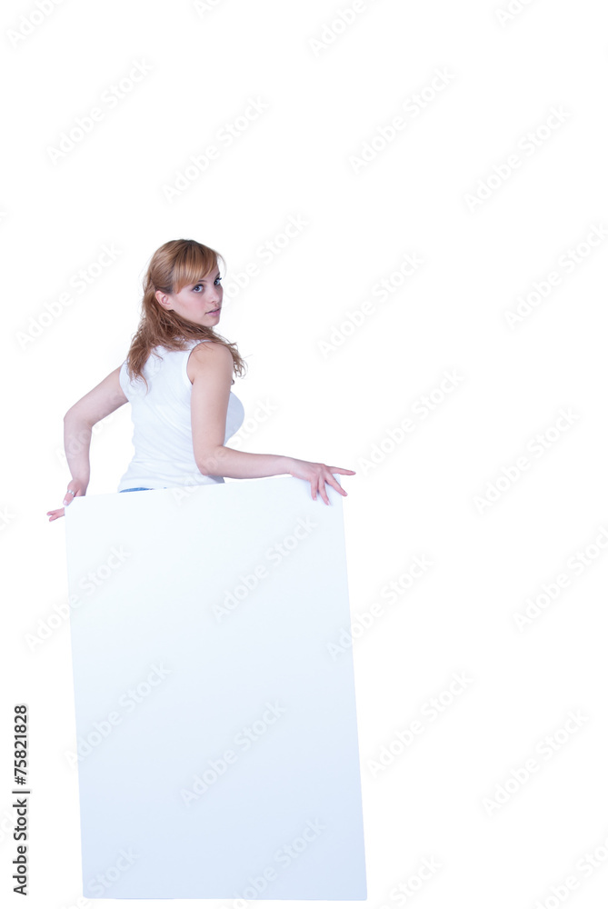 Young woman posing with a placard Young woman posing with a placard