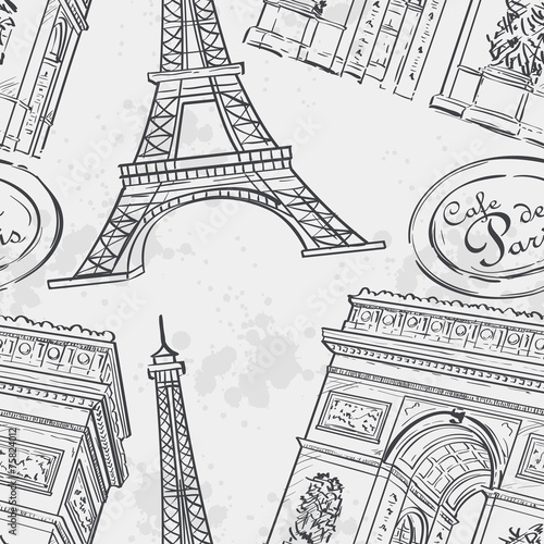Seamless texture with the Eiffel Tower, a black outline