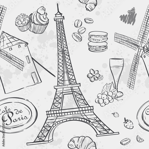 Seamless texture with the image of the Eiffel Tower and the mill