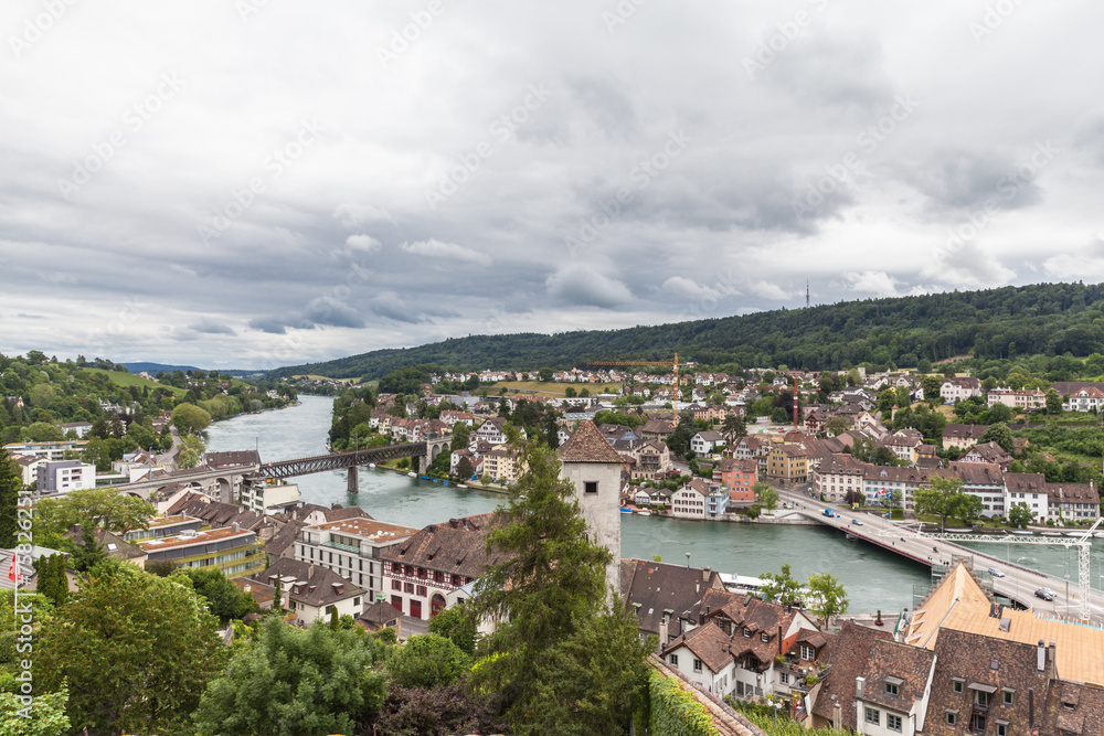 View of Schaffhausen old town and the Rhine river on a cloudy da