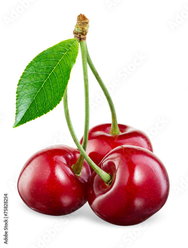 Cherry with leaмуи isolated on white.