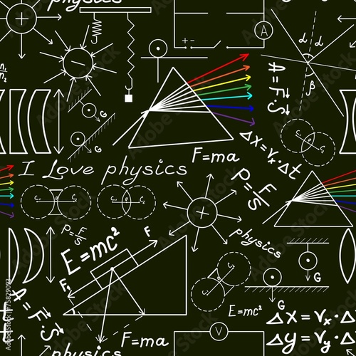 Physics doodles on school squared paper, seamless pattern