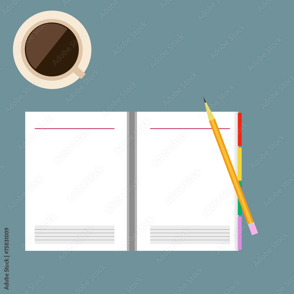 Pencil and paper notebook with coffee cup illustration Pencil and paper notebook with coffee cup illustration