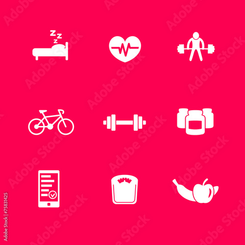fitness, health icons set on purple vector illustration, eps10