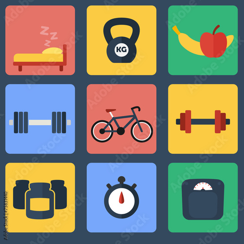 9 fitness color flat icons vector illustration, eps10