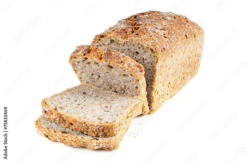 Cut wholemeal bread on white background