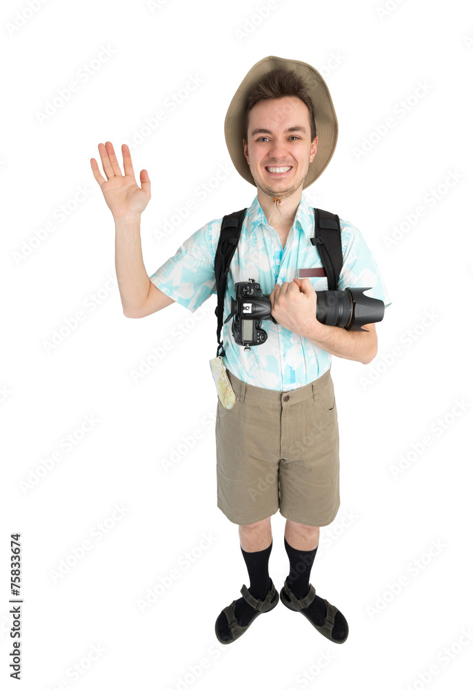 Funny man photographer with camera and backpack. Funny man photographer with camera and backpack.