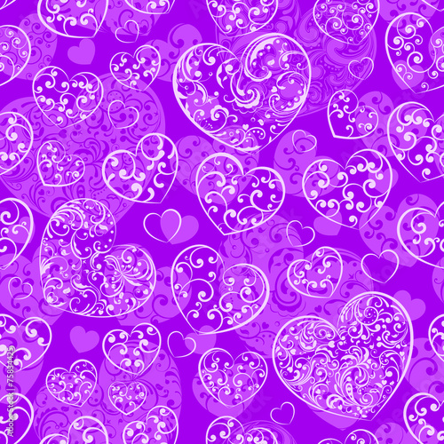 Seamless pattern of hearts, white on violet