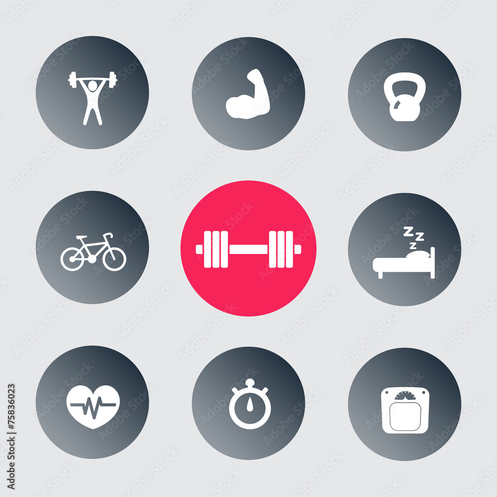 fitness, health, gym trendy icons on circles vector illustration