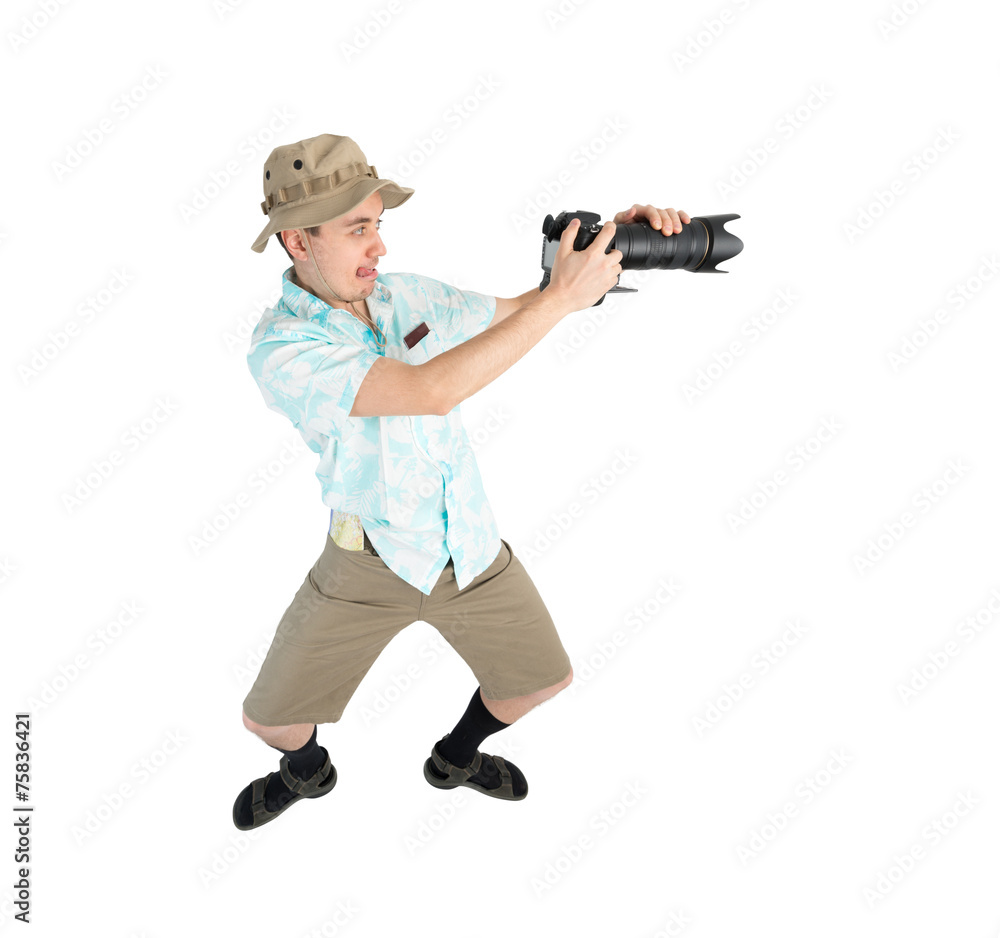 Funny man photographer making picture by camera. Funny man photographer making picture by camera.