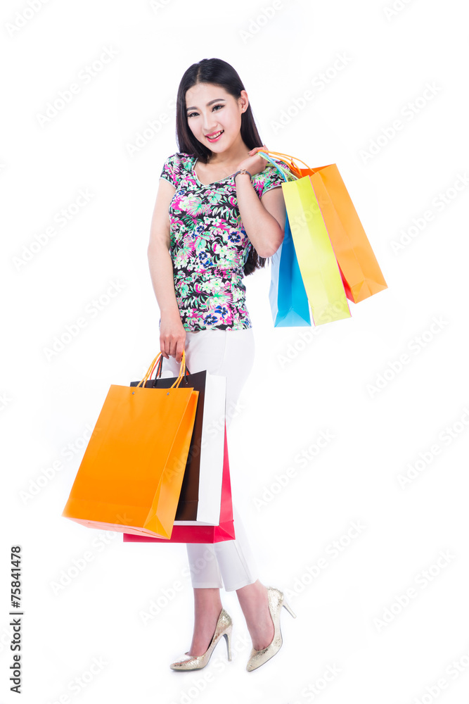 young woman with shopping bags over white background young woman with shopping bags over white background