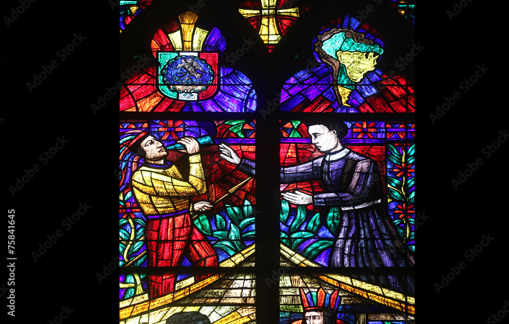 America Window, stained glass in Votiv Kirche in Vienna, Austria America Window, stained glass in Votiv Kirche in Vienna, Austria