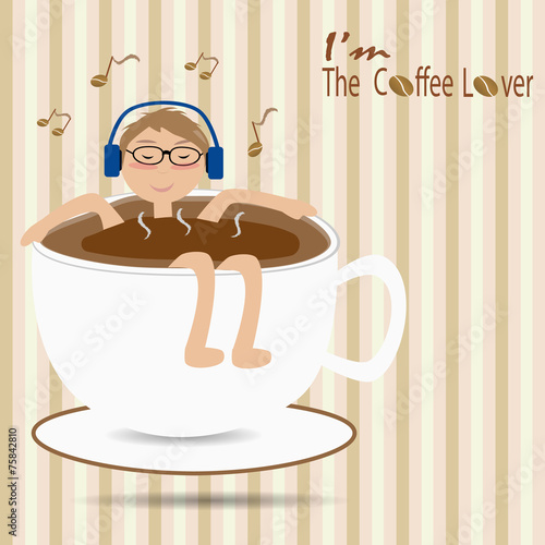 Male floating in the cup of coffee and listen to the music