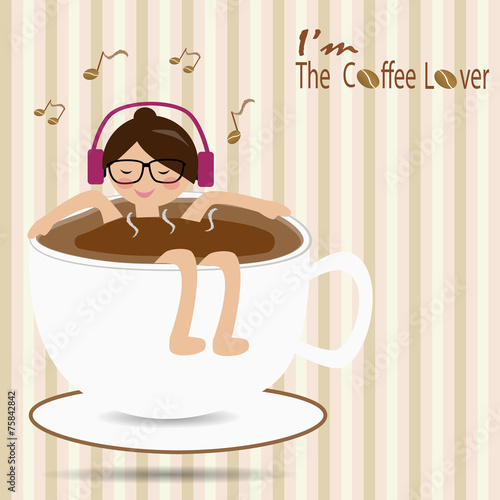 Female floating in the cup of coffee and listen to the music