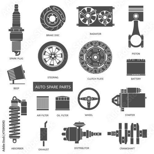 Set of auto spare parts. Car repair icons in flat style