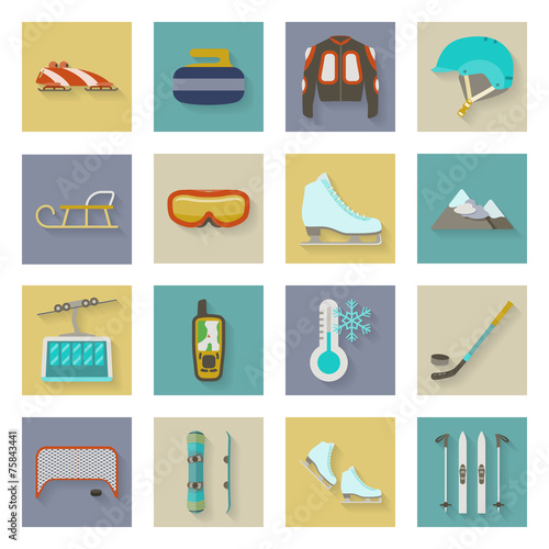 Winter sports flat icons set with shadows
