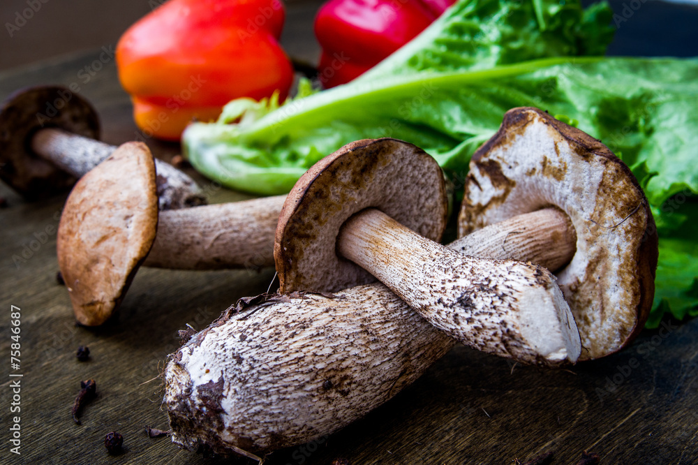 porcini mushrooms, bell pepper, herbs and other products on the porcini mushrooms, bell pepper, herbs and other products on the