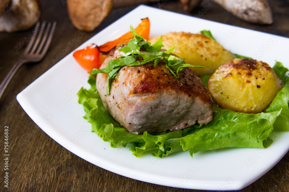 Pork steak with baked potato and mushroom sauce