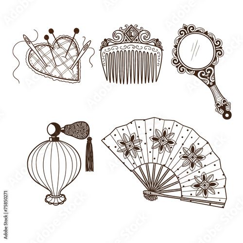 Lady's vintage beauty accessories collection.