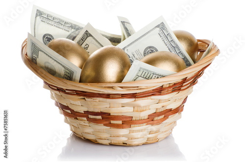 golden eggs and dollars in a basket isolated on white background
