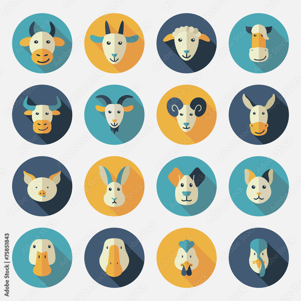 Farm animals flat icons with long shadow Farm animals flat icons with long shadow