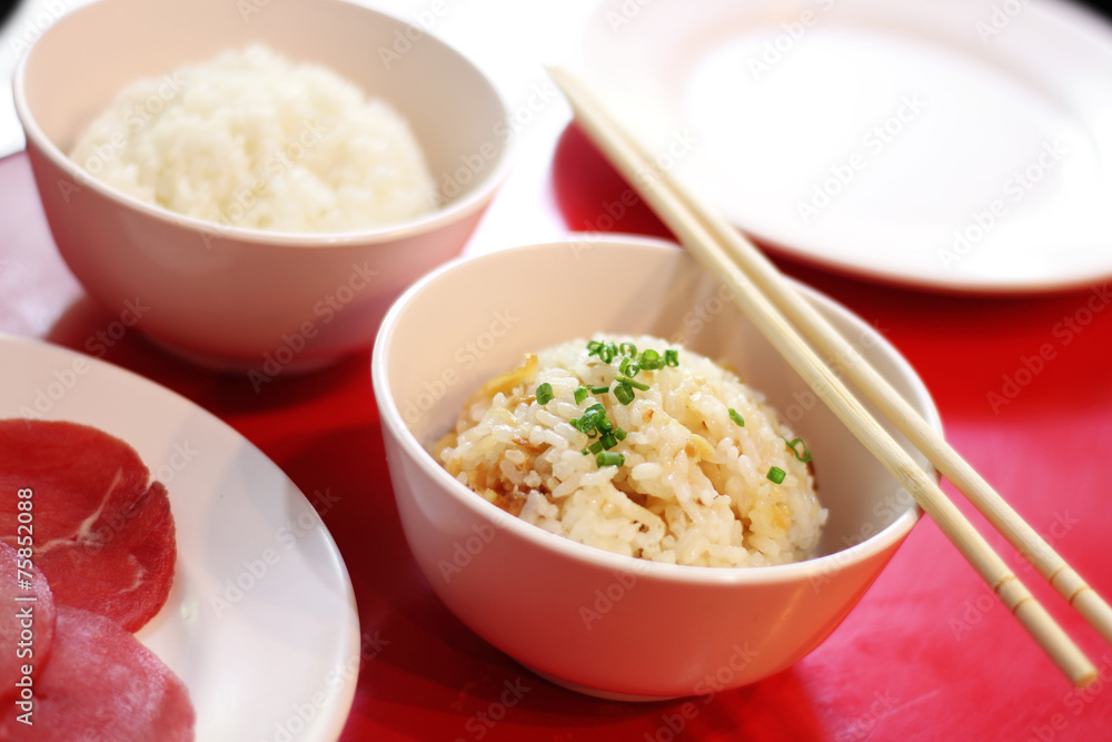 close up chinese rice fried from egg and garlic close up chinese rice fried from egg and garlic