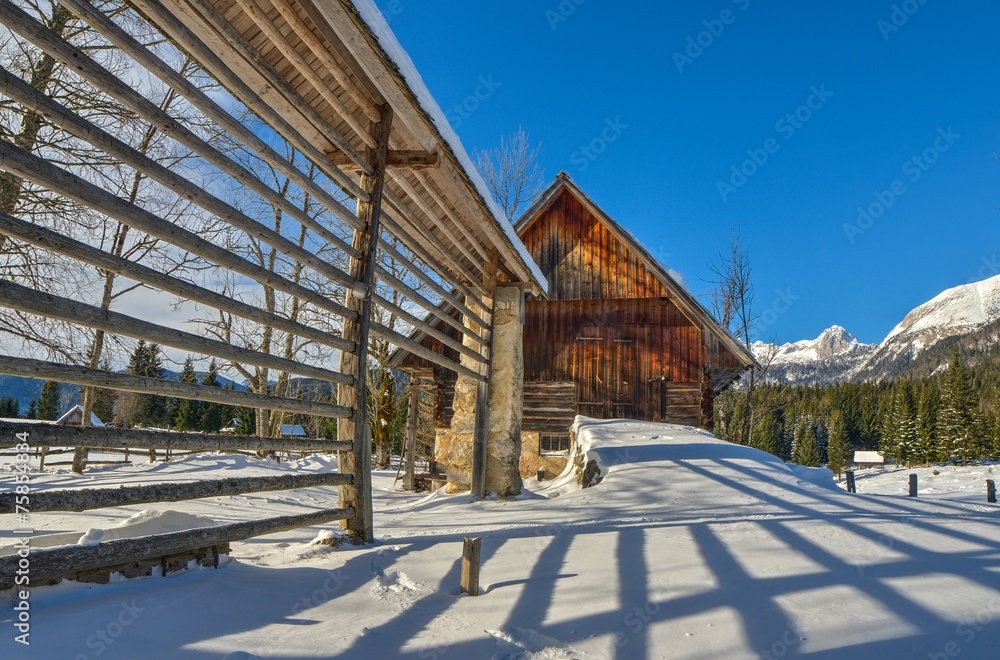 Hayrack and barn in the Alpine meadow in Winter