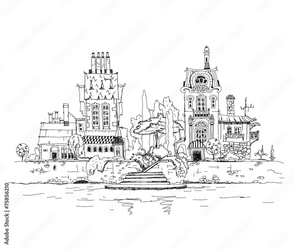 Old town on the river side, sketch illustration Old town on the river side, sketch illustration
