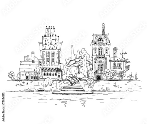Fototapeta Old town on the river side, sketch illustration