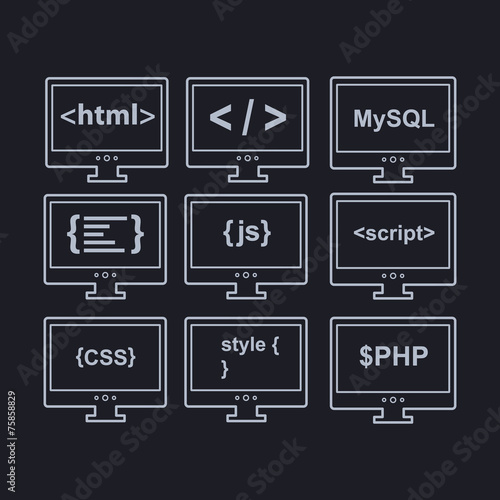 web development line icons as html, css, tag, mysql, curves, php