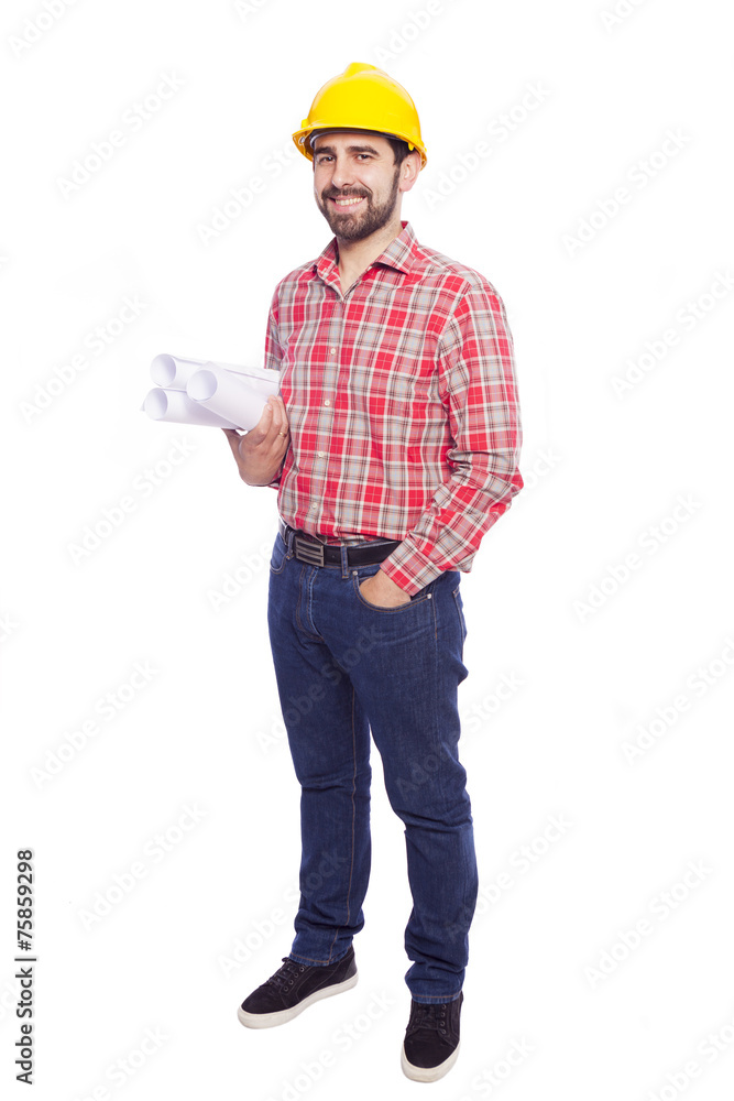 Full body portrait of young architect holding blueprints on whit Full body portrait of young architect holding blueprints on whit