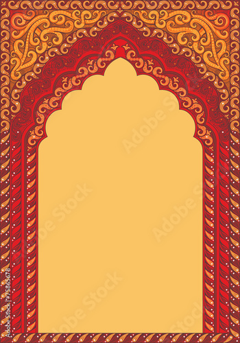 Arch-style Indian red ornaments, template for text.