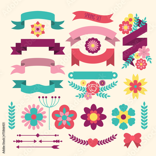 Set of elements for spring design. Flowers and banners for logo