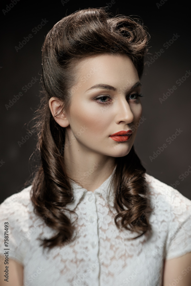 Retro portrait of a beautiful girl with hairstyle and red lips Retro portrait of a beautiful girl with hairstyle and red lips