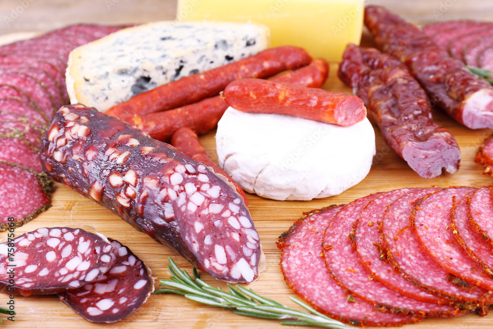 Assortment of smoked sausages and cheese Assortment of smoked sausages and cheese