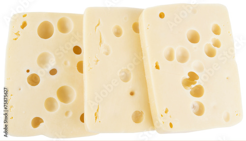 3 slices of cheese on white background. isolated with clipping path. photo