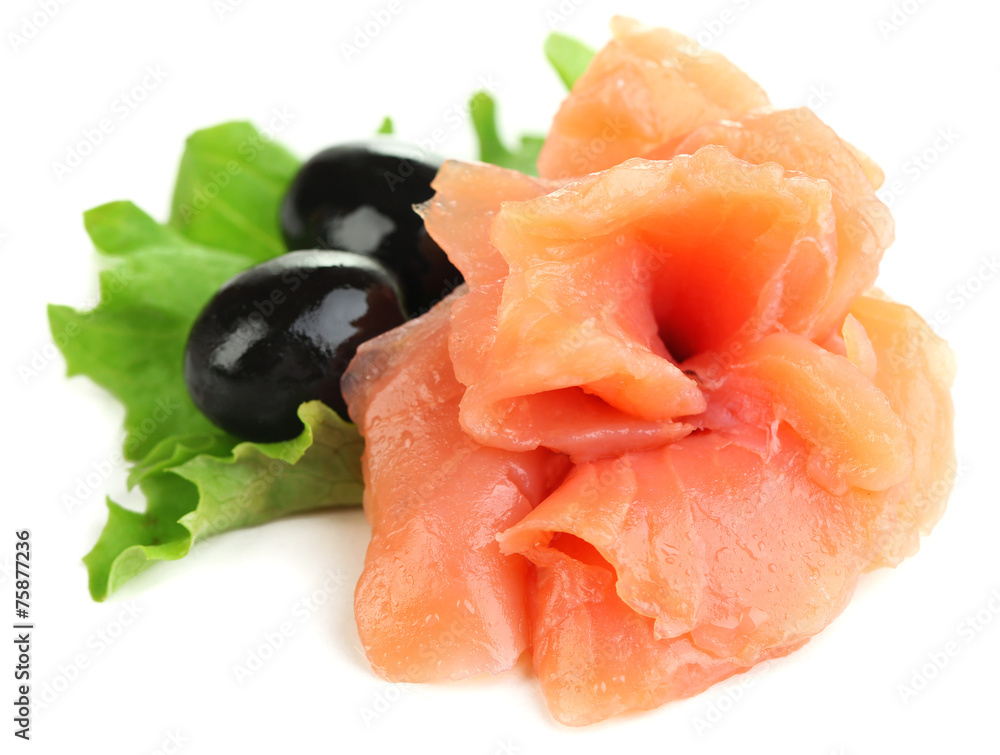 Sliced and rolled salmon, black olive and herbs isolated Sliced and rolled salmon, black olive and herbs isolated