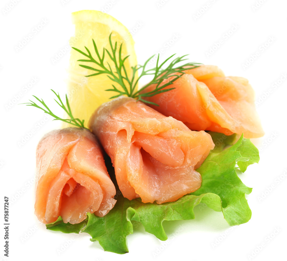 Sliced and rolled salmon with lemon slice Sliced and rolled salmon with lemon slice