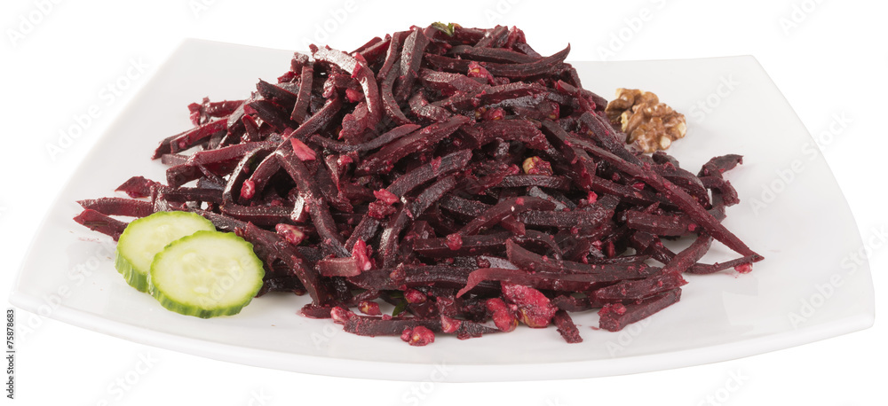 Fototapeta premium grated beetroot in a white dish. isolated on white background.
