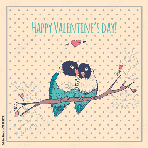 Happy Valentines day card with love birds and background pattern