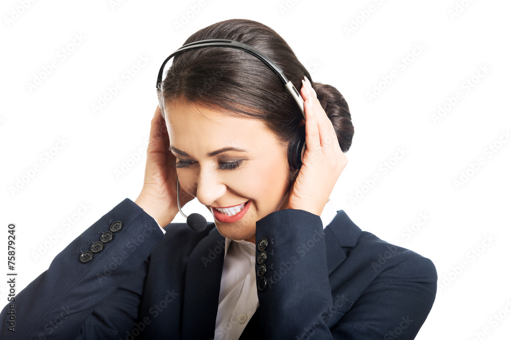 Portrait of call center woman talking to customer Portrait of call center woman talking to customer