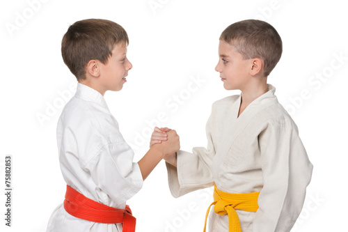 Handshaking of two boys in kimono