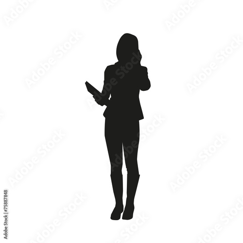 Business woman with phone and book. Vector silhouette