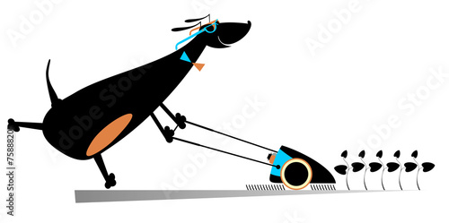 Comic dog lawnmower mows the lawn