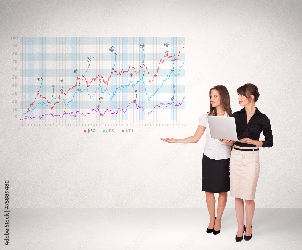 Young business woman presenting stock market diagram Young business woman presenting stock market diagram