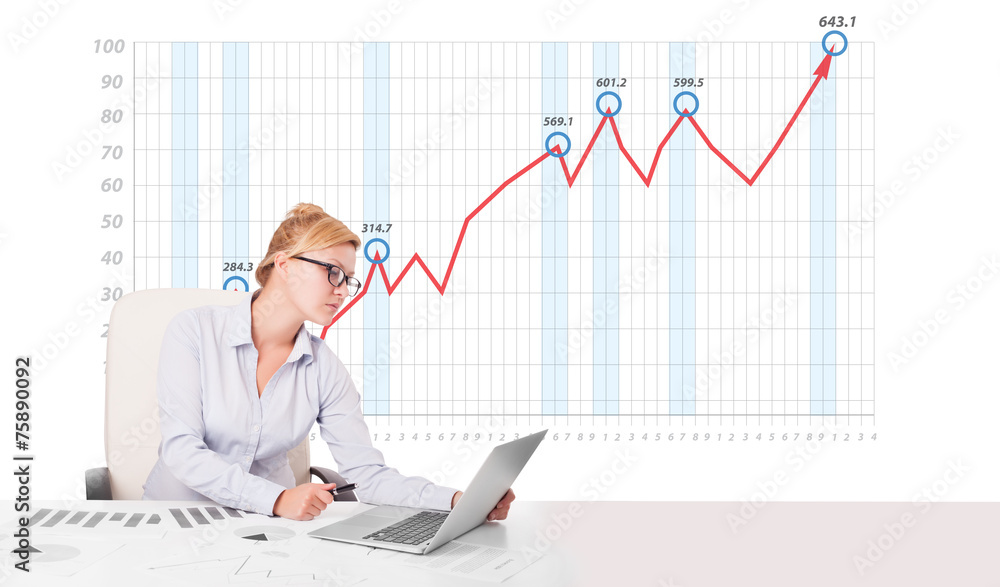 Young businesswoman calculating stock market with rising graph i Young businesswoman calculating stock market with rising graph i
