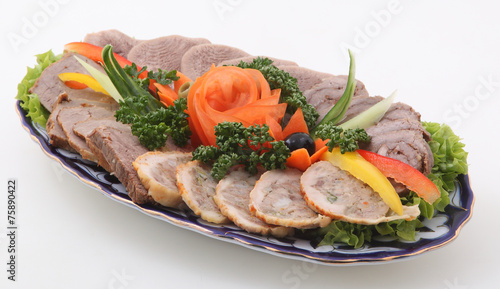 Cutting from beef tongue, boiled porks and minced roll